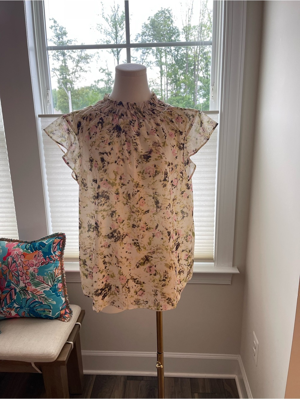 BCBG Sheer Cream Floral Ruffled-Neck Flutter Sleeve Blouse